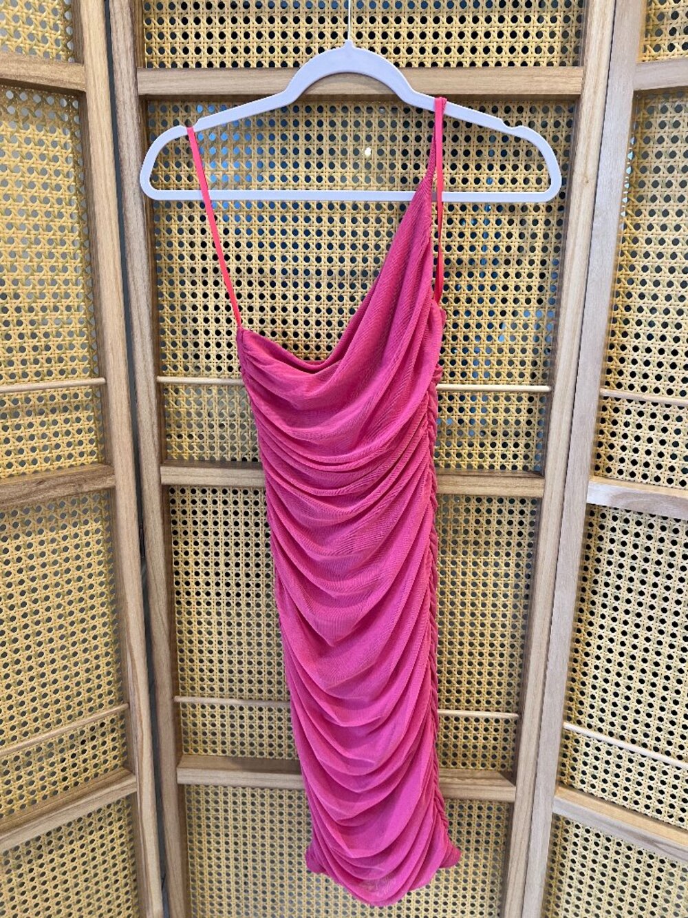 City Studios Hot Pink Ruched Mesh Midi Dress